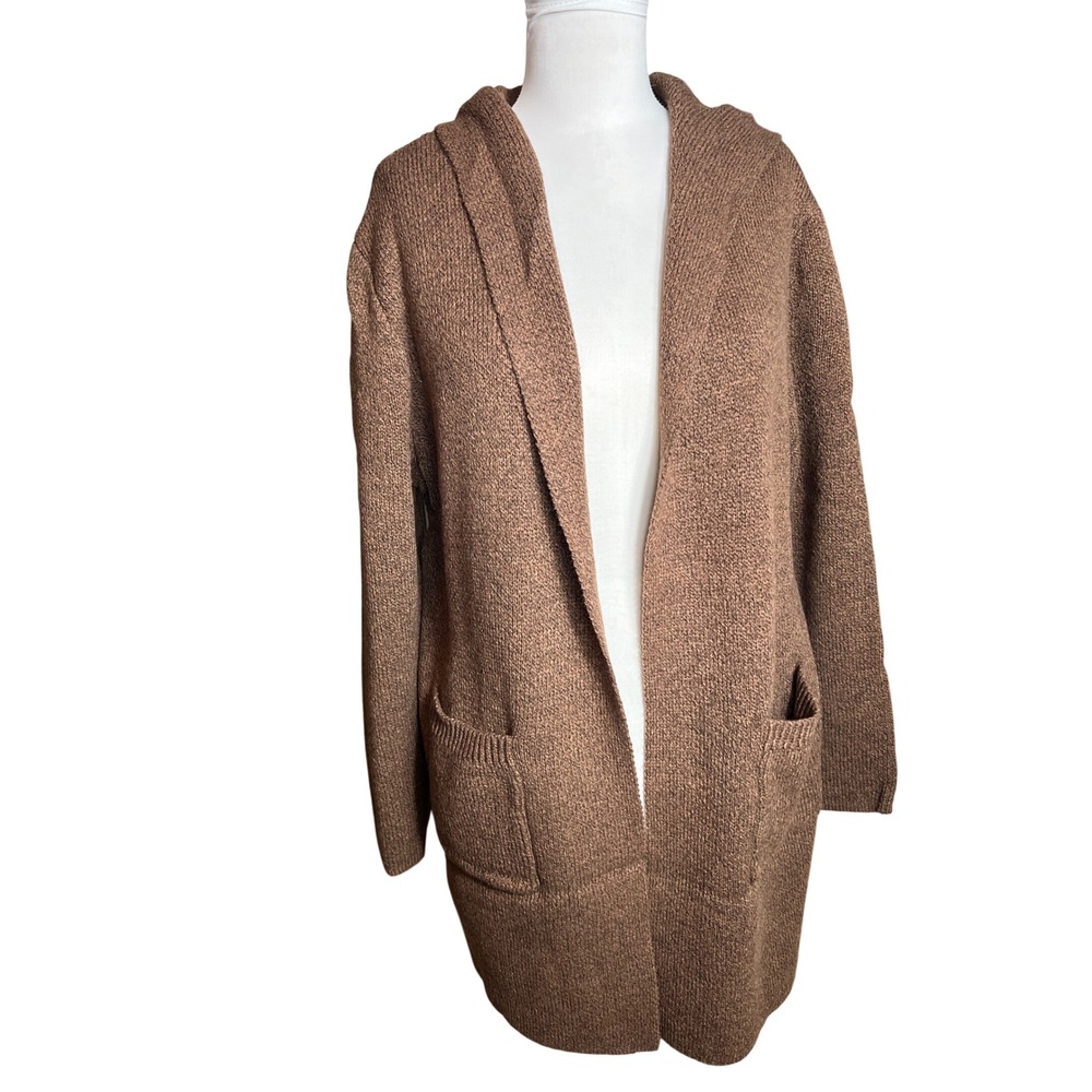 Zenana Womens Brown Marled Knit Hooded Open Front Cardigan Sweater  Small